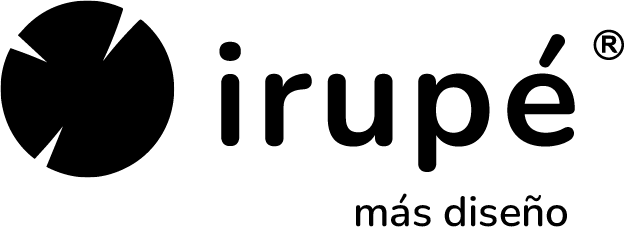 Logo of Irupé with a stylized graphic element and the phrase 'más diseño.'
