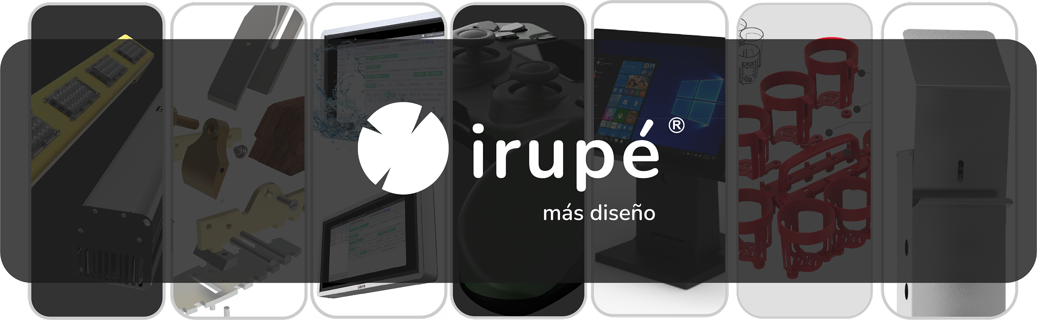 A series of product images showcasing various designs and components, branded with the logo of 'irupé'.
